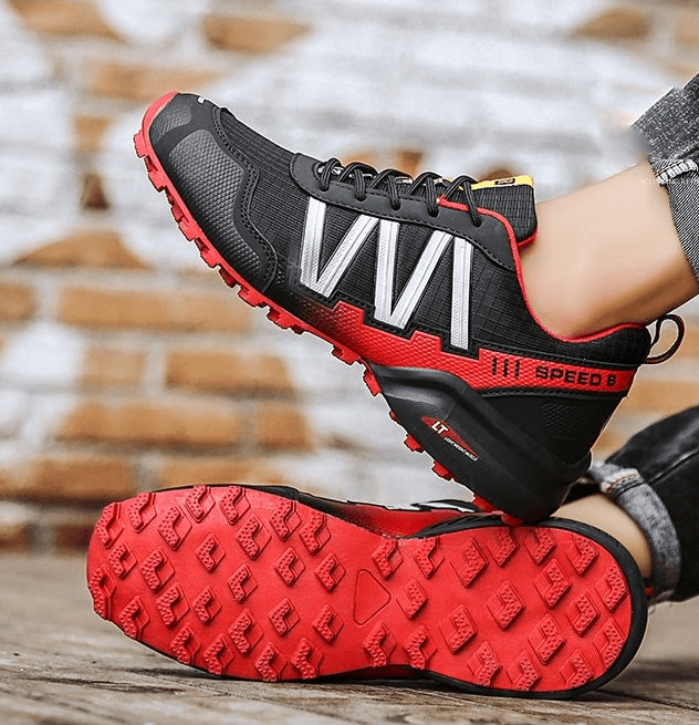 Black and red waterproof non-slip men's sneakers with geometric design, perfect for sports and casual activities.